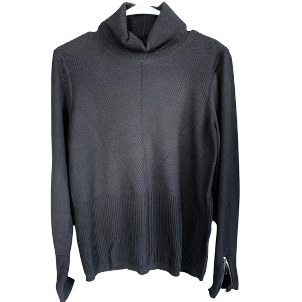 A2‎ White House Black Market Turtleneck Sweater Zipper Cuff Ribbed Chevron Black
